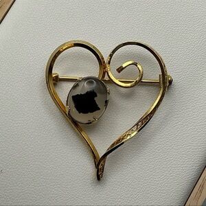 Vintage 14K gf Genuine Stone Filigree Heart Brooch
